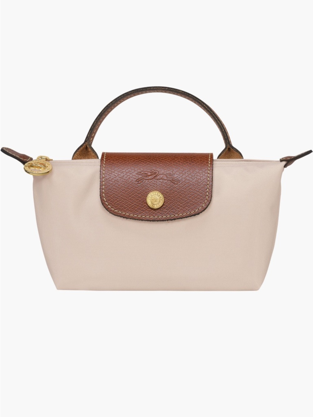 Longchamp Le Pliage Mini Top-Handle pouch in Beige with Brown Trim